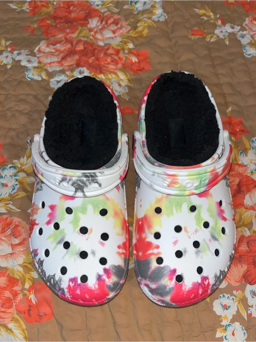 CROCS Kids Tie-Dye Clogs in White with Pink, Green & Gray